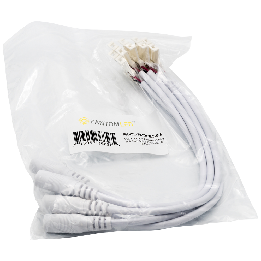 CLICKLOCK™ Female DC Plug with 8mm Splice Connector, 6" - 5 Pack