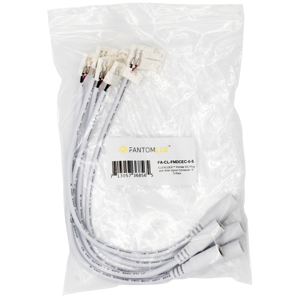 CLICKLOCK™ Female DC Plug with 8mm Splice Connector, 6" - 5 Pack